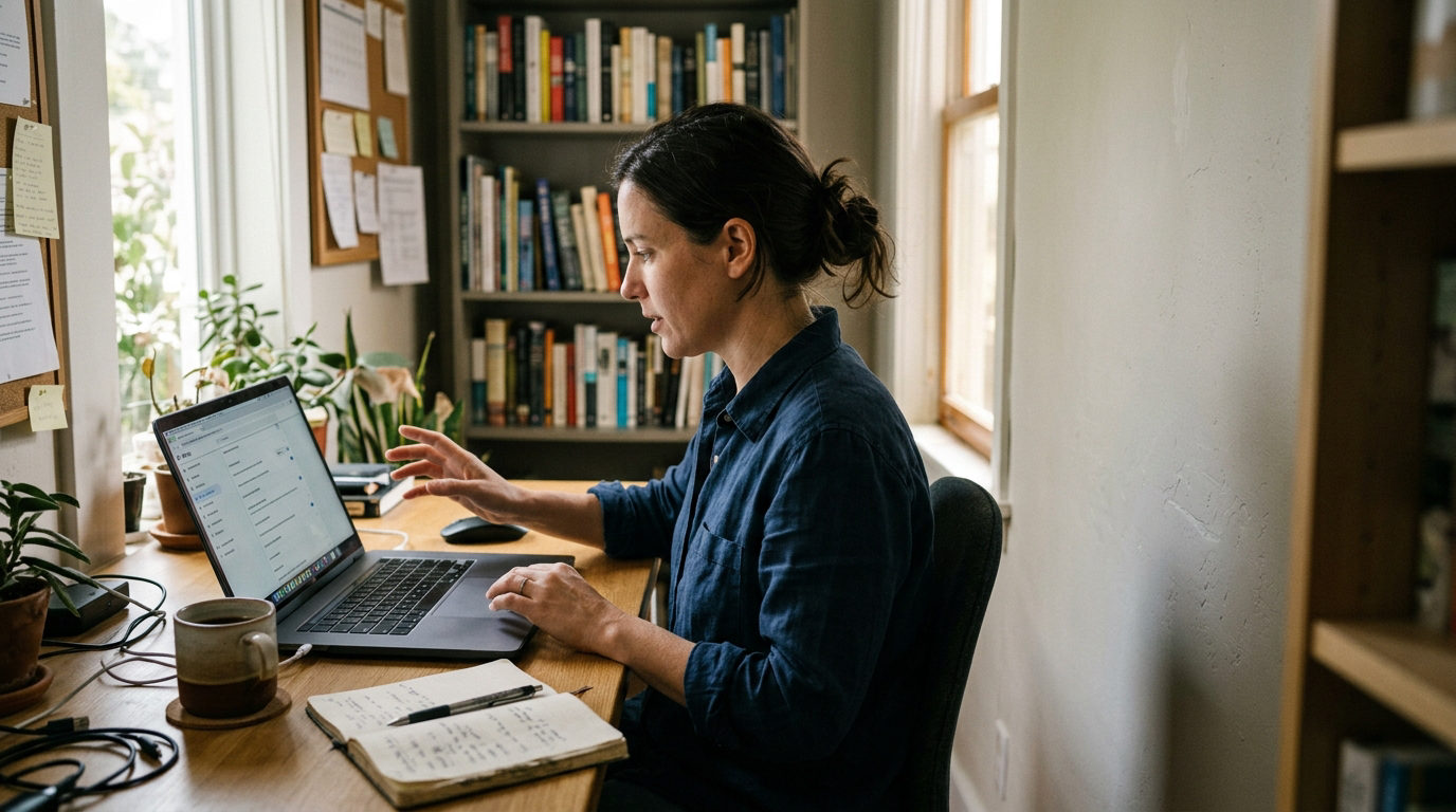 A person at a desk reviews browser privacy settings on a laptop in natural light.