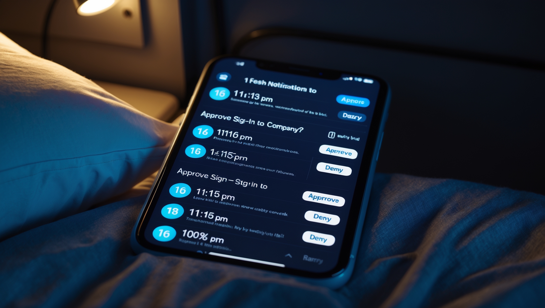 Phone showing MFA authentication push notifications with Approve and Deny buttons, representing the new HIPAA multi-factor authentication requirements